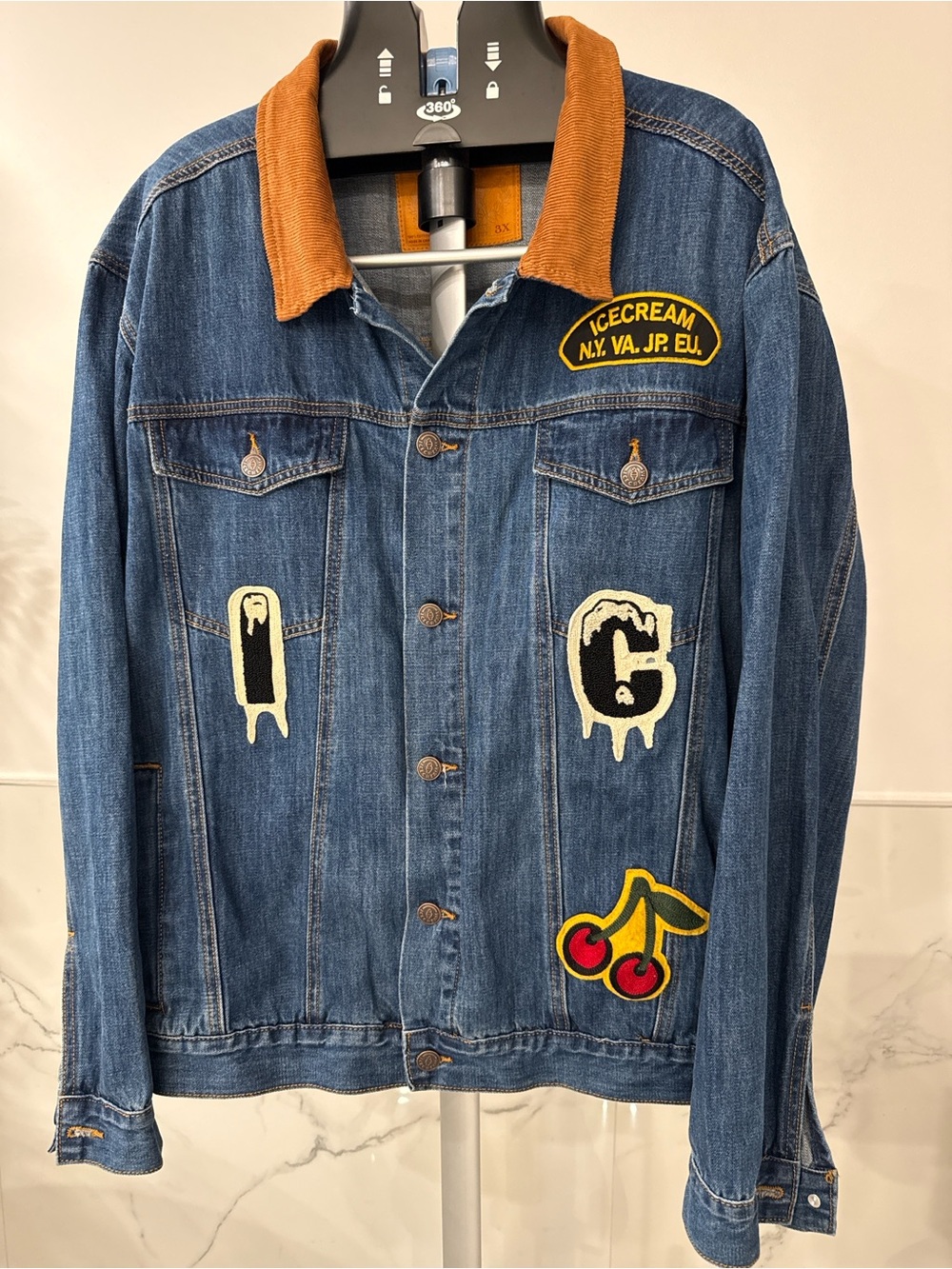 Icecream Blue Denim Jacket with Brown Corduroy Collar and Patch Details